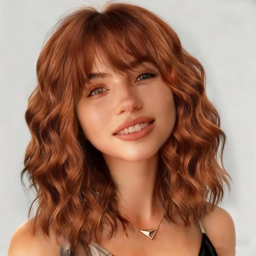 andromeda Auburn Wavy Wig with Bangs Soft Short Bob Wigs for Women Synthetic Shoulder Length Women's Wig for Halloween Costumes Cosplay Daily (Auburn)