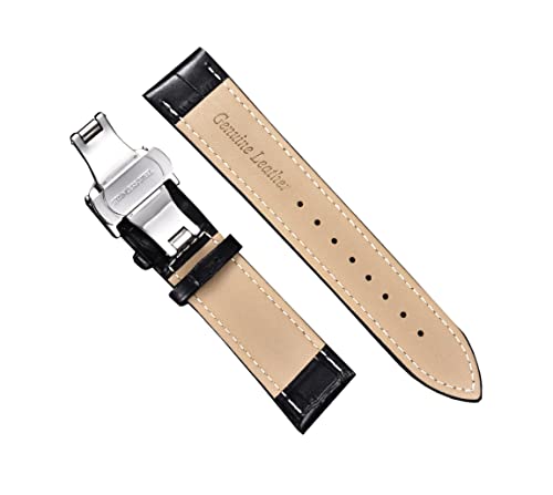Image of 18mm 19mm 20mm 21mm 22mm 23mm 24mm Genuine Leather Butterfly Deployment Clasp Buckle Watch Band Strap Black Dark Brown TAN Blue Rose Black Gold White