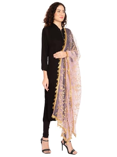 Image of ZEN APPAREL Women's Embroidered Net Dupatta with Lace Borders (Z-101) Premium Net Fabric Golden Aari Work
