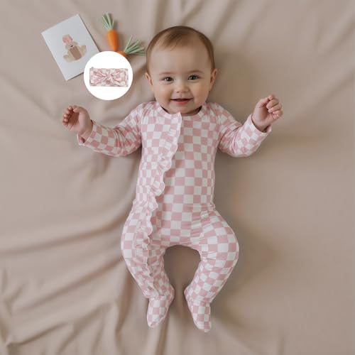Karuedoo Newborn Baby Girl Clothes Checkered Ruffle Long Sleeve Zipper Footie Romper One-Piece Footed Jumpsuit Sleeper3