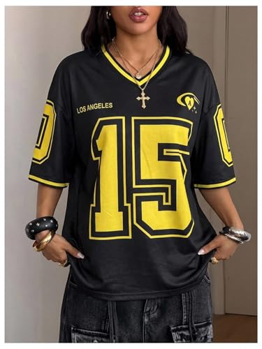 Image of SOLY HUX Jersey Shirts for Women Number Graphic Print V Neck Baggy Tees Hip Hop Streetwear