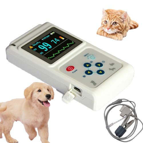 Amhuui Pulsioximetro Veterinario, Pulsioximetro de Mano SPO2, Monitor de Pulso, Sensor de oido/Lengua, Almacenamiento y Funcion de reproduccion, Recargable, para Mascotas, Gatos, Uso clinico en casa.