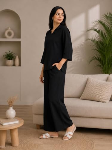 Image of Women's Co Ord Set for Women - Relaxed Fit Collared Top with 3 /4 Sleeves & Wide Leg Palazzo Pants, Casual Lounge Wear Matching Outfit for Daily Wear, Travel & Office