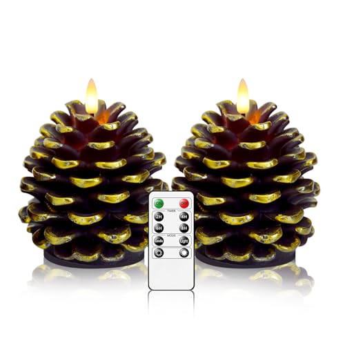 kakoya Pine Cone Flameless Candles with Remote,2 Pcs Brown Real Wax LED Flickering Candles Battery Operate for Home Decoration Christmas Gifts(D2.75 xH4.72)
