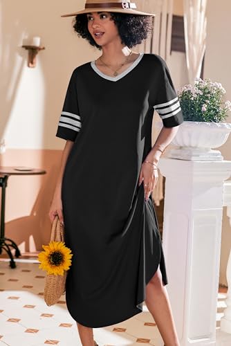 Ekouaer Long Nightgown, Womens V Neck Loungewear Oversized Sleepwear Loose Sleep Dress S-4XL2