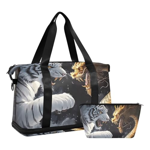 ALAZA Sports Duffel Bags with Toiletry Bag Set,Tiger Dragon Travel Duffel Bags Multi Pockets Weekend Bag2