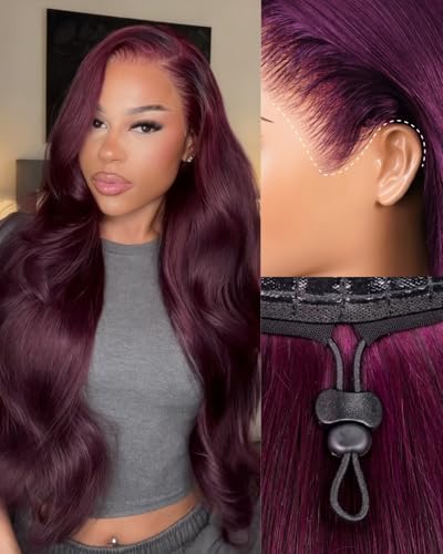 Megalook hair 13x6 Lace Front Body Wave Wig Human Hair Glueless Wigs Human Hair Pre Plucked Pre Cut 220% Density Purple 99j Burgundy Drawstring Upgraded Ear-to-Ear HD Lace Frontal Wig (PLUM 20 Inch)