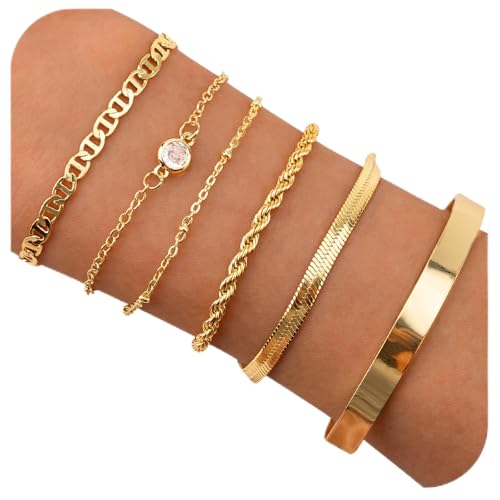 Fantasyon 6Pcs Set de Pulseras Mujer Acero Inoxidable Pulseras Chapadas Oro 14K Pulseras de Cadena Mujer Oro Ajustable Apilables Pulseras Figaro Serpiente para Mujer San Valentín Regalo