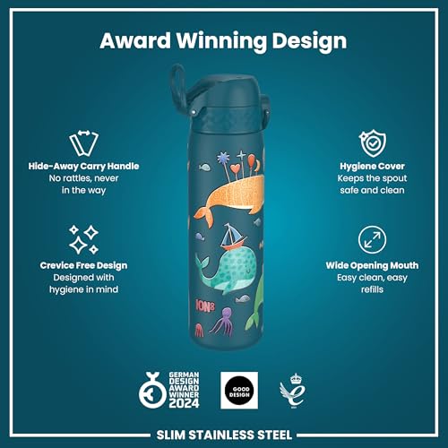 Ion8 Lightweight Steel Water Bottle, 600 ml | Non-Insulated, Leak-Proof, Easy to Open, Secure Lock, Dishwasher Safe, Fits Cup Holders, Durable Metal Bottle with Whales Design - Image 6