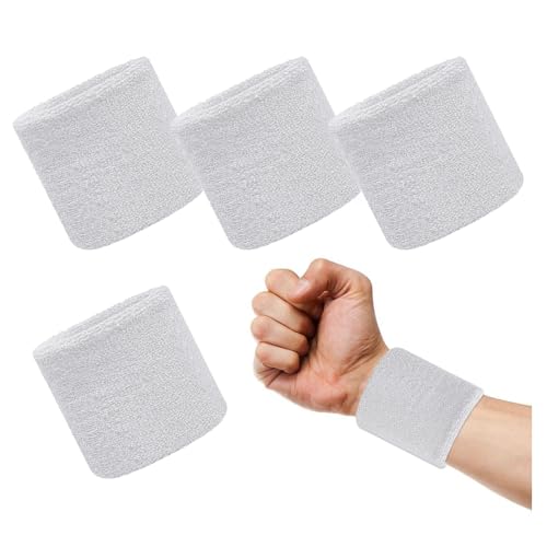 GIDWRIY 4 Piezas Muñequera Deportiva Blanco,Muñequera Absorbentes,Muñequera Sudor Tenis,Baloncesto Muñequera Padel,Wristband,Muñequera Running,Muñequera Gym Hombre y Mujerpara Gimnasia, Tenis, Fútbol