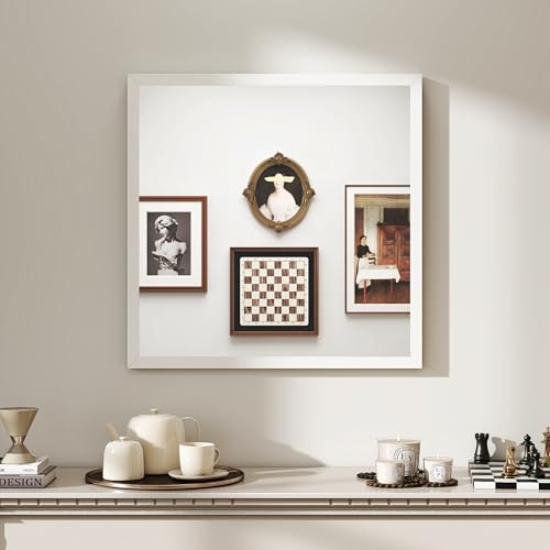 HOMCOM Miroir Mural carré 50 x 50 cm, Cadre en Bois Blanc, idéal pour la Salle de Bain, Salon ou Chambre