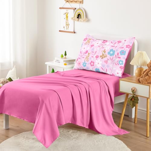 Image of Wake In Cloud - Floral Toddler Bedding Set for Girls, Cute Colorful Botanical Flowers with Deers, 4 Pieces Soft Crib Bed Set Including Comforter, Sheets and Pillowcase, Pink