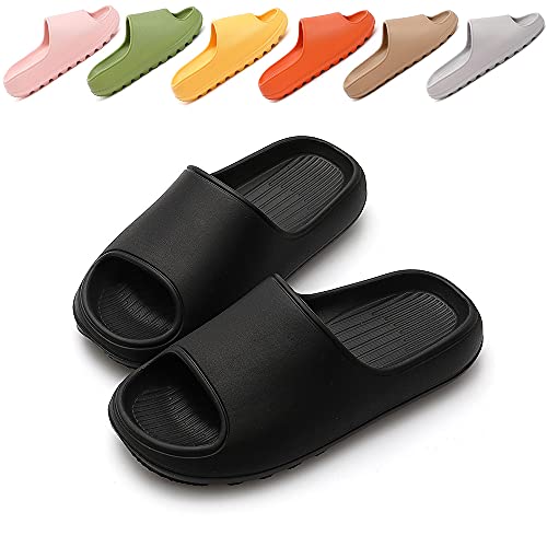 TreeMall Pillow Slippers Cloud Slides Sandals,Non-Slip Quick Drying Bathroom Shower Slippers Massage Home Slippers for Women & Menï¼ˆBlackï¼‰