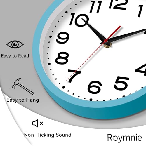 Image of Roymnie 8 Inch Small Wall Clock, Battery Operated Silent Non Ticking Blue | analog wall clock; bold numerals for easy reading; silent non-ticking; 1 AA battery (not included); for classroom