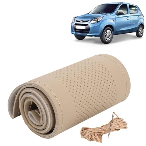 Image of KINGSWAY PU Leatherite Car Steering Cover Sewable Compatible with Maruti Suzuki Alto (Year 2012 Onwards), Beige Color with Beige Thread, Pack of 1 with Sewing Needle and Thread