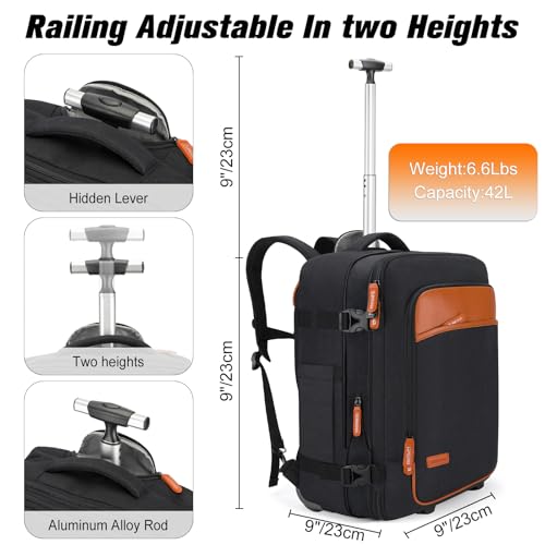 Lumesner rolling backpack, 17-inch water-resistant wheeled laptop backpack, carry-on luggage for business trips, overnight stays, or college use, a trolley suitcase for men and women，Black4