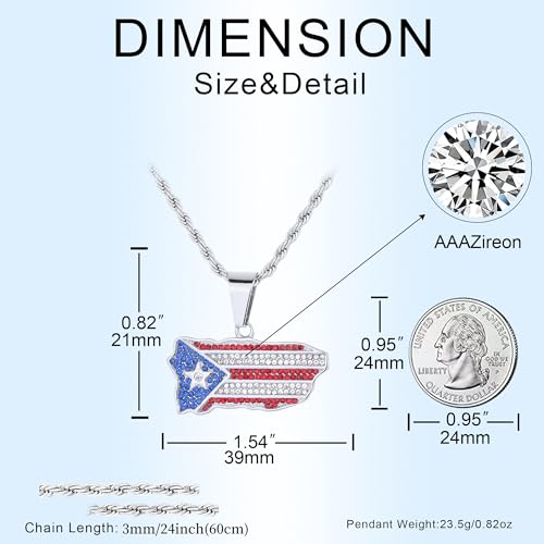 ROWIN&CO Iced Out Puerto Rico Flag Necklace Stainless Steel/18k Gold Plated National Pride Flag Symbol Boricua Unisex Pendant for Men or Women2