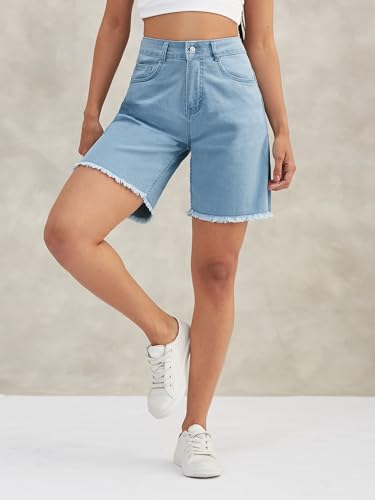Image of Dolce Crudo Women's Relaxed Fit Mid-Rise Denim Shorts with Adjustable Waist & Frayed Hem