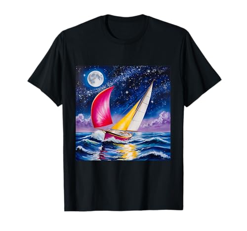 星空の下でセーリング - 月明かりに照らされた海の Tシャツ