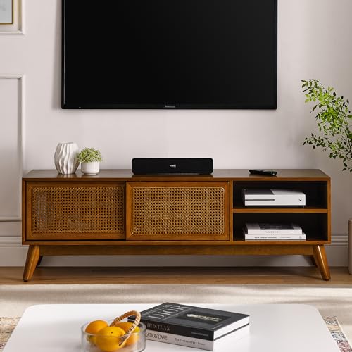 Amposei Mid-Century Modern Rattan TV Stand for 65 Inch TV, Wooden Media Console Storage Cabinet Entertainment Center for Living Room, 59-Inch, Light Wood