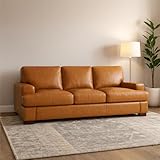 Naomi Home Genuine Leather Sofa – Goose Feather Cushion Filling, Square Arm Design, Sturdy Block Legs – Spacious 3-Seater Couch – Ideal for Living Room, Office, or Bedroom, Tan