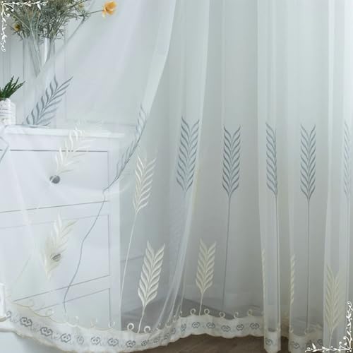 Voilage lot de 2 en gaze blanche brodée blé 200x210 cm avec oeillets pour chambre