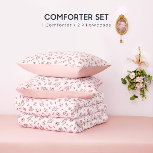 Image of Wake In Cloud - Twin /Twin XL Comforter Set, 3-Piece, Floral Shabby Chic Coquette Cottagecore Flower Light Blush Pink Green, Soft Lightweight College Dorm Bedding for Women Teen Kids Girls