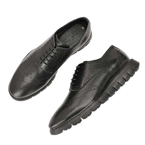 Image of Legwork Informal Brogue 2.0 - Italian Leather Hybrid Dress Shoes with XL Extralight Outsole | Ultra-Lightweight & Comfortable Oxford Wingtip | All-Black Elegance