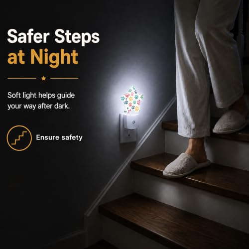 Image of Dog Paw Plug in Star Night Light, Night Light with Sensor for Kids Nursery Bedroom, Decorative Soft Glow Lamp for Hallway Bathroom, Energy Saving