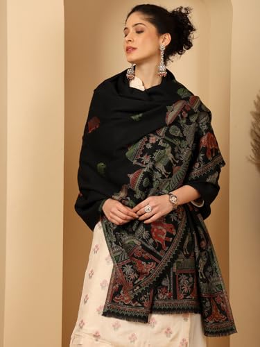 Image of tweedle Women's Ethnic Mahotsav Design Zari Shawl, Faux Wool Stole /Scarf for Ladies, Size - 40 x 80 inches