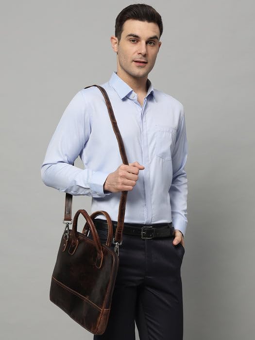Image of MaheTri Modernist Genuine Leather Laptop Bag (Up to - 15.6 inch) for Men & Women | Unisex Lightweight Leather Briefcase with Adjustable Strap | Multiple card Slots With Zipper Pockets