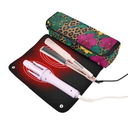 Bolso de viaje para herramientas de cabello para mujeres con estera resistente al calor desmontable, estuche de doble capa para planchas de pelo, alisadores y rizadores, diseño estampado de leopardo orquídea exótica miniatura 2