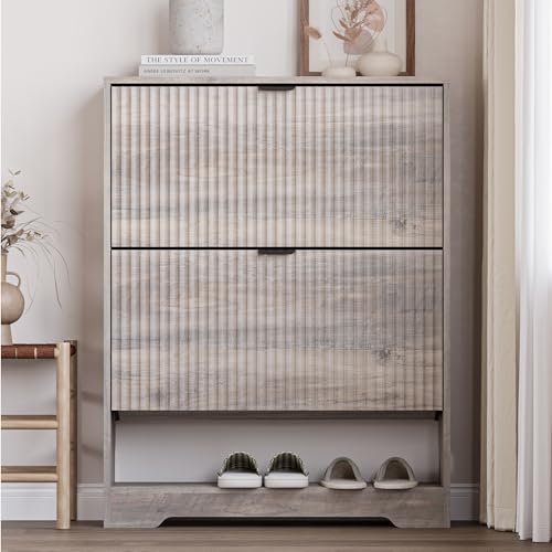 Image of BORNOON Shoe Cabinet with 2 Flip Drawers, Fluted Shoe Storage Cabinet with Adjustable Shelves, Freestanding Rack and Organizer for Entryway, Closet, Hallway