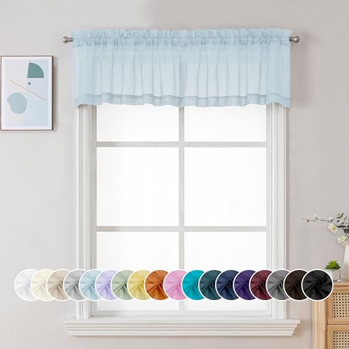 Image of Chyhomenyc Light Blue Sheer Valances for Windows 2 Pack, Small Window Curtains for Living Room Bathroom Cafe Laundry Basement, Modern Top Dual Rod Pocket Voile Curtain, 42W x 14L inches, Sky Blue