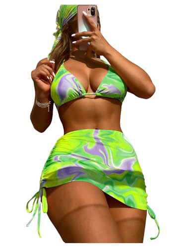 Image of RoseSeek Women's 4 Piece Polka Dots Bathing Suits Cover Up Skirt & Bandana | Halter Bikini Sets, Sexy Bathing Suit, Beach Skirt, Leopard, Paisley, Tropical, Summer