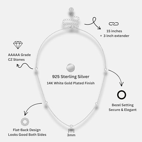 KISPER 925 Sterling Silver Station Necklace for Women CZ Cubic Zirconia Diamond by The Yard Bezel Set Chain 14K Gold Plated Layering Jewelry 15"+3"3