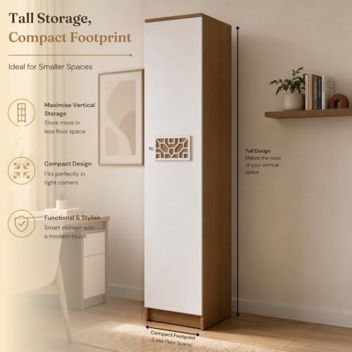 Image of Echo Multipurpose 1-Door Wardrobe | Engineered Wood | 4 Spacious Shelves & Drawer | Lyon Teak & White Finish | Compact & Durable | Easy Knock-Down Assembly