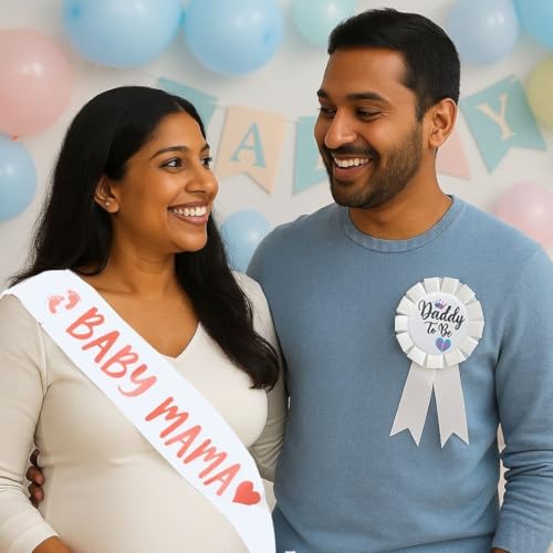 Image of Wanna Party Mom To Be Sash and Dad To Be Corsage Set for Baby Shower Party Decorations and Pregnancy Photoshoot Gift, Baby Shower Gift Items
