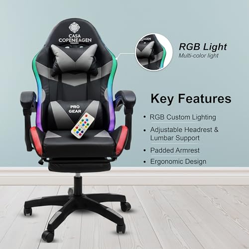 Image of Casa Copenhagen Designed in Denmark,High-Back Italian Leather Gaming Ergonomic Chair with Advanced Mechanism with LED Light & Electric Back Massager, Memory Foam Seating - Grey & Black