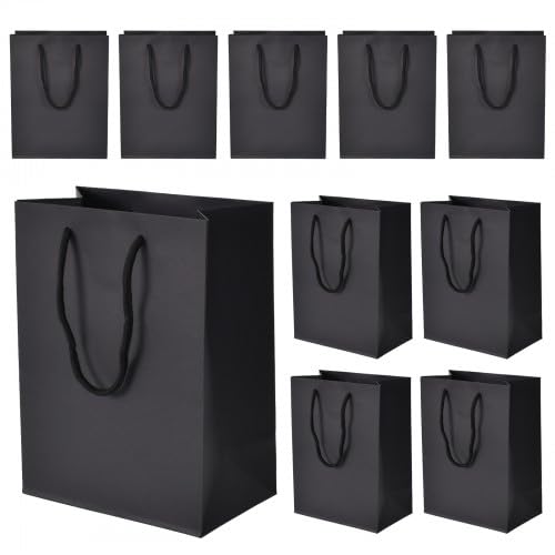 10 Stück Geschenktüte Papiertüten mit Henkel Schwarz Kraftpapiertüte Wiederverwendbare Tragetasche mit Griff für Weihnachten Party Geburtstag Hochzeit Einkaufen DIY Adventskalender (18 X 10 X 23 cm)