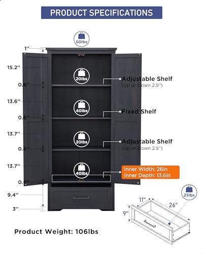 Farmhouse Kitchen Pantry Cabinet - 72" Tall Large Wood Kitchen Storage Cabinets with Adjustable Shelves & 2 Barn Doors & Drawer, Versatile Storage for Dining Room, Bathroom, Living Room, Antique Black | Large, Adjustable Shelves, 2 Barn Doors, Drawer, Versatile Storage - Image 3