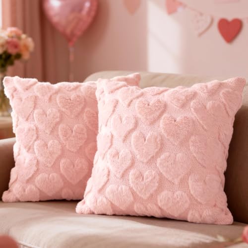 Lanpn 2 Stück Valentinstag Kissenbezüge 40x40cm, Dekorative Kissenhülle aus Plüsch Liebe Kissenbezug sofakissenbezug für Winter Wohnzimmer Schlafzimmer Sofadekoration (Rosa, Kleines Herz)