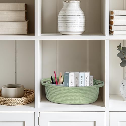 Image of Small Baskets for Gifts Empty, 13 inchx 9 inchx 5 inch Woven Gift Basket with Bag and Ribbon, Cotton Rope Kids Dog Cat Toy Bin Box, Cute Baby Nursery Organizer, Decorative Storage with Handles, Green