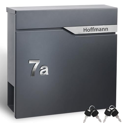 Zedelmaier® Design Briefkasten mit Zeitungsfach Anthrazit RAL 7016 Personalisierter - Wandbriefkasten mit großem Edelstahl Namensschild & 3D Hausnummer, Doppelte Pulverbeschichtung