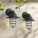 John Timberland Marlowe Rustic Industrial Nautical Outdoor Wall Light Fixtures Set of 2 Black Hooded Cage 13' Clear Glass for Post Exterior Barn Deck House Home Porch Yard Patio Garage Garden