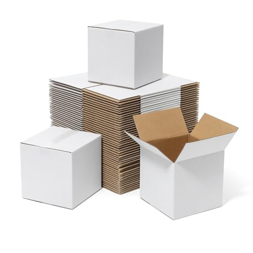 Mefleet 4x4x4 Shipping Boxes 50 Pack - Small Corrugated Cardboard Square Mug Mailing Box Packaging for Small Business - White Mailer Packing Supplies