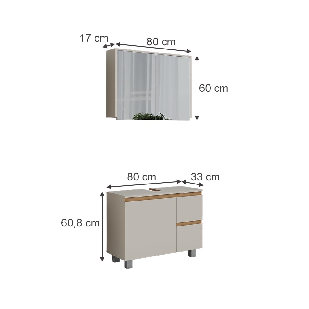 Vicco Set di mobili da bagno J-Shape, Cashmere/Artigianale, 80 cm | composto da specchio da bagno e mobile sottolavabo