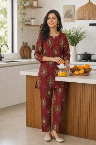 Image of Women's Cotton Night Suit Set, Printed Top and Pyjama, Casual Loungewear Sleepwear for Womens Girls