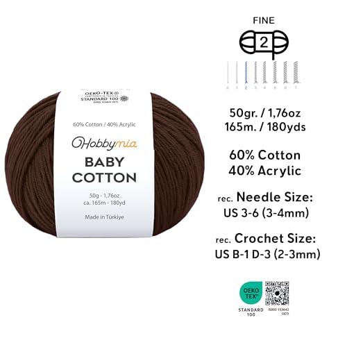 Image of Baby Cotton Blend Yarn - Soft Sport Weight Yarn for Crochet & Amigurumi - 50g /180yds - 60% Cotton 40% Acrylic - Ideal for Baby & Knitting Proj. & 10 Stitch Markers(Brown, 4 Balls)