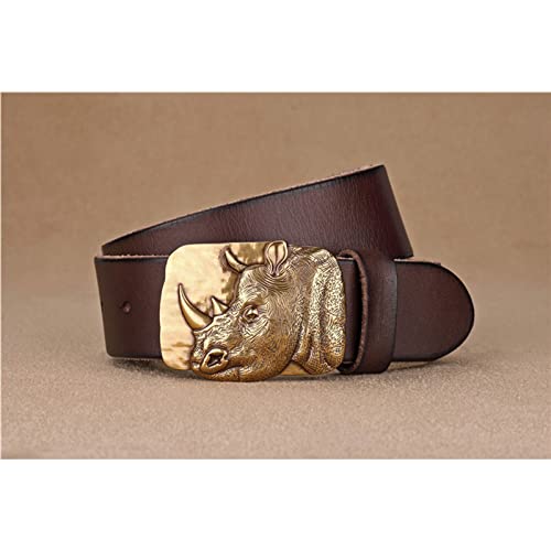 Western Cowboy Belts,Metal Brass Rhino Belt Buckle with Genuine Leather Belt Casual Jeans,Reddish Brown,120CM/47.3''2